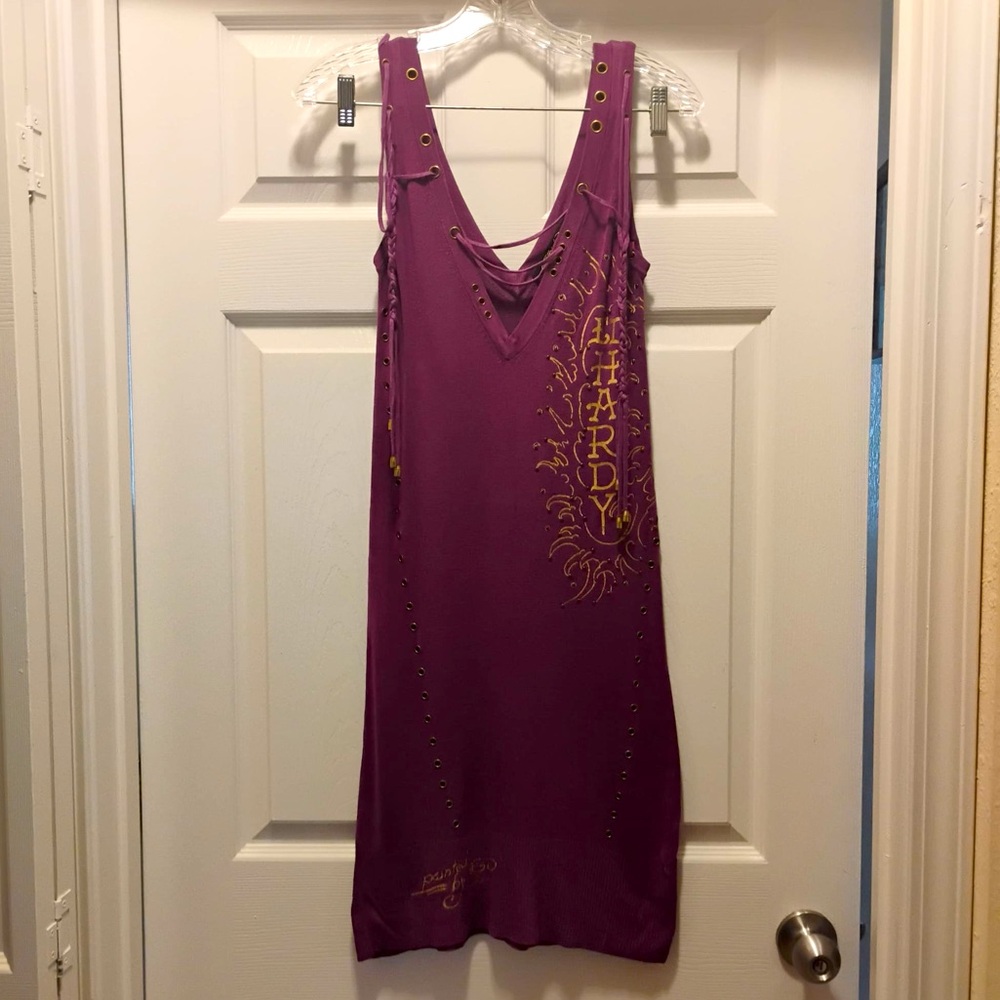 Ed Hardy Purple Mini Dress Art Deco Mermaid Printed Dress Shirt Size XS - Picture 3 of 5